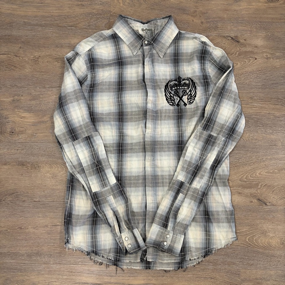 Men's XRAY Gray Plaid Button-Up Shirt with Crest Detail Embroidered